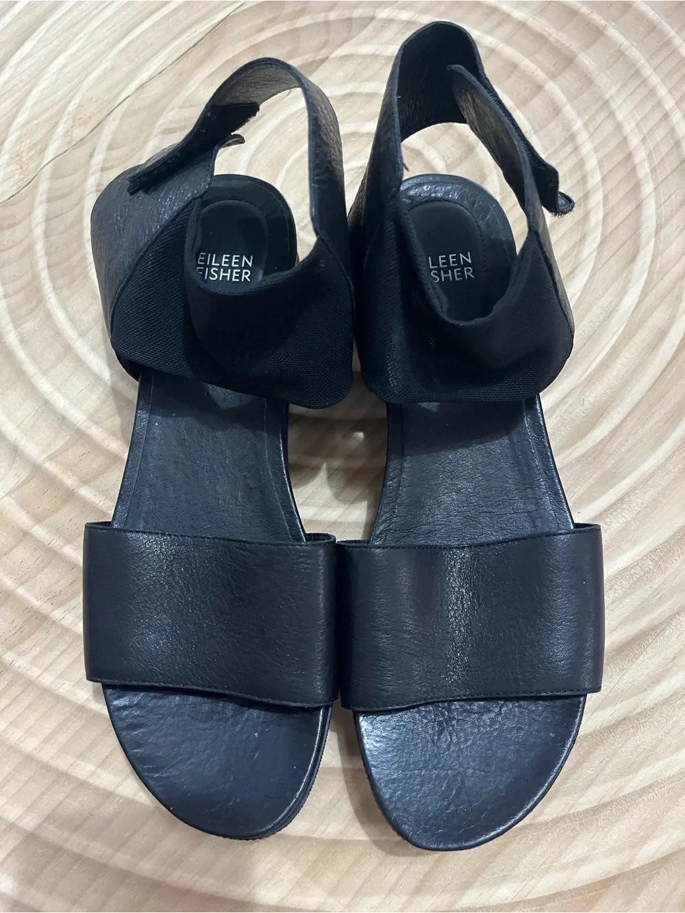 Eileen Fisher Black Leather Wide-Strap Slingback Sandals